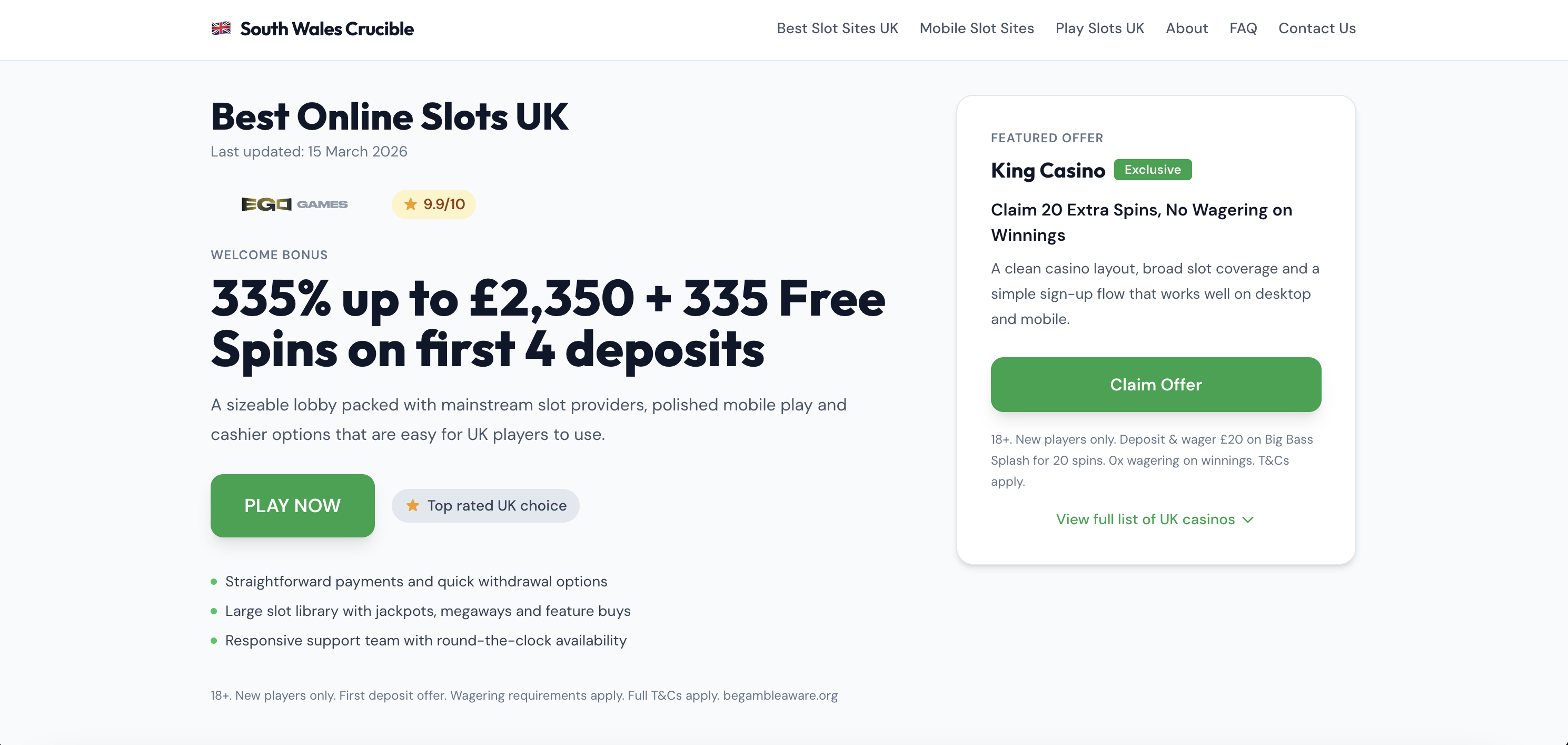 South Wales Crucible homepage — Best Online Slots UK comparison site featuring EGO Games and King Casino featured offers